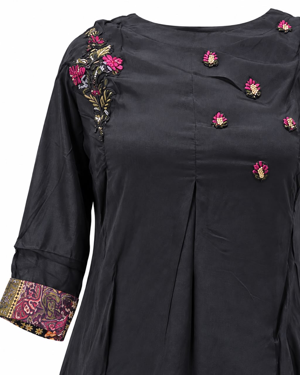 Black Embroidered Short Kurti with Patchwork Print Palazzo Co-ord Set
