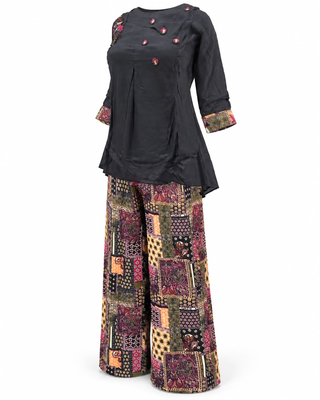 Black Embroidered Short Kurti with Patchwork Print Palazzo Co-ord Set
