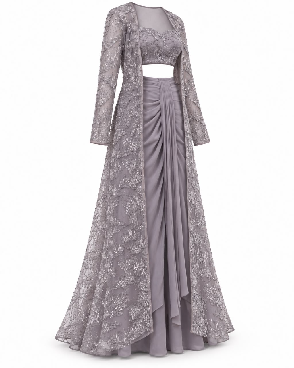 Mauve Grey Beaded Embroidered Long Jacket Set with Sweetheart Crop Top and Draped Skirt