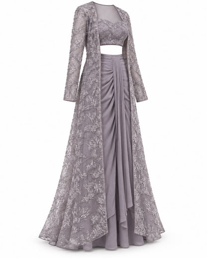 Mauve Grey Beaded Embroidered Long Jacket Set with Sweetheart Crop Top and Draped Skirt