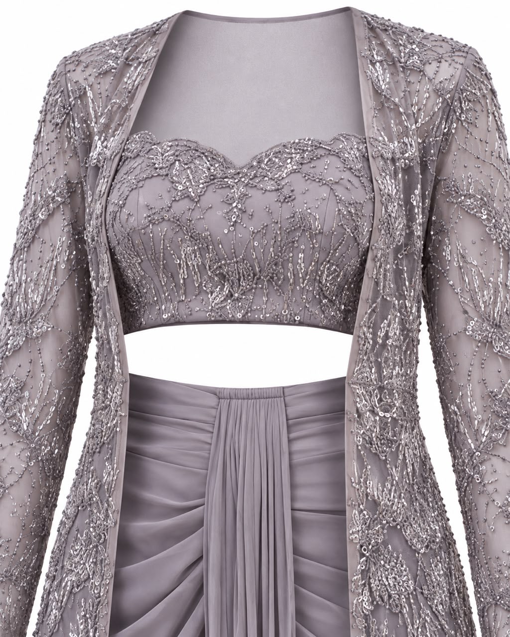 Mauve Grey Beaded Embroidered Long Jacket Set with Sweetheart Crop Top and Draped Skirt