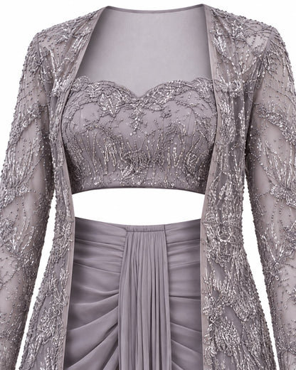 Mauve Grey Beaded Embroidered Long Jacket Set with Sweetheart Crop Top and Draped Skirt