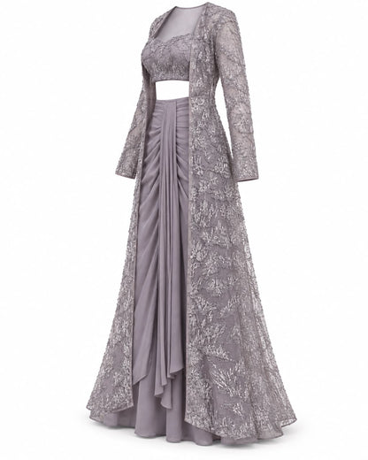 Mauve Grey Beaded Embroidered Long Jacket Set with Sweetheart Crop Top and Draped Skirt