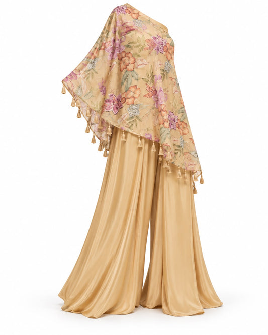 Beige Gold Floral Printed One-Shoulder Cape Top with Tassel Detailing and Wide-Leg Palazzo Se