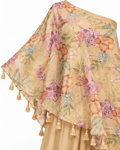 Beige Gold Floral Printed One-Shoulder Cape Top with Tassel Detailing and Wide-Leg Palazzo Se