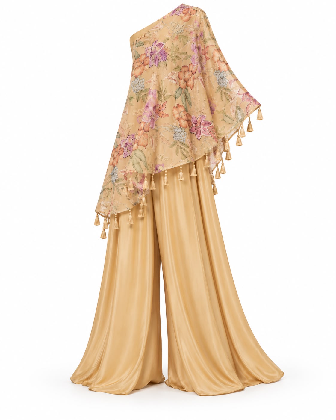 Beige Gold Floral Printed One-Shoulder Cape Top with Tassel Detailing and Wide-Leg Palazzo Se